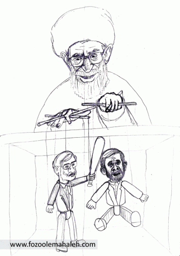 Khamenei as the puppeteer, controlling Mir Hossein Mousavi and Ahmadinejad
