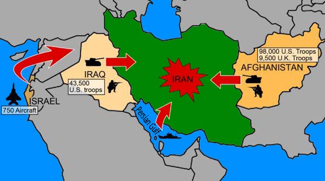 این تصویر نشان می دهد که چگونه ایران در تیر رس  حمله کشورهای غربی است. وانگهی، این کشورها در بسیاری نقاط مانند قبرس، قطر، و کشورهای دیگر پایگاه نظامی دارند که در اندک زمان می توانند  هر نقطه از ایران را بمباران کنند.