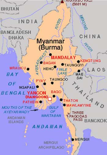 این نقشه میانمار (برمه) است که نشان می دهد در میان کشورهایی چون هندوستان، بنگلادش، چین و لائوس جای گرفته است.
