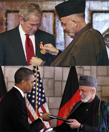 حامد کرزای نماینده و دست نشانده آمریکا در افغانستان برای سمت و پست خود نشان قدردانی و سپاسگزاری به رهبران آمریکا پیشکش می کند.