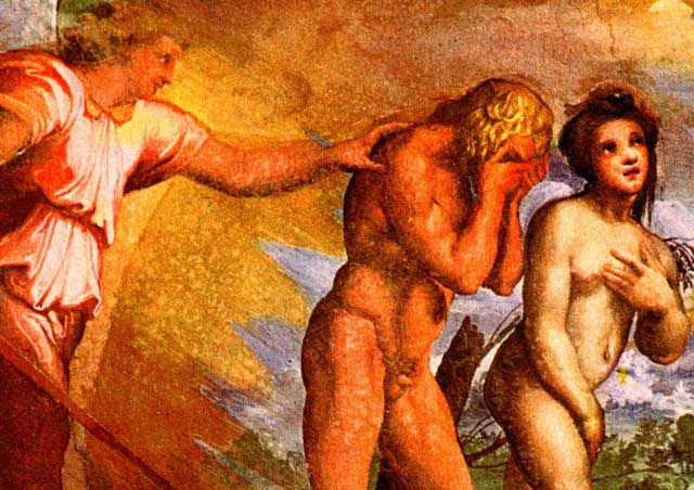 افسانه کودکانه آدم و حوا که به دلیل سیب خوردن، از بهشت رانده شدند.
