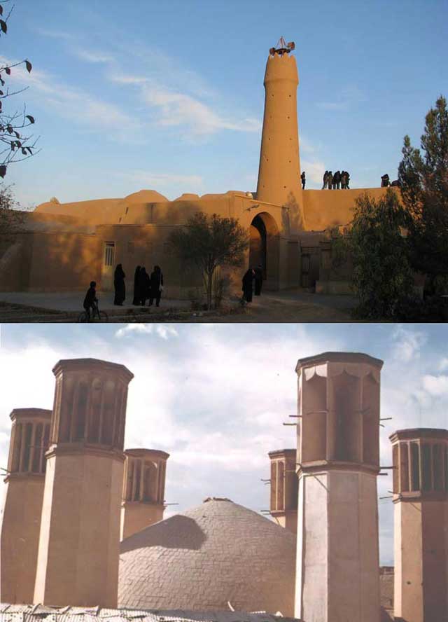Right- در سمت راست قدیمی ترین مسجد ایران، Left- در سمت چپ، آب انباری با ۶ بادگیر تنها نمونه در جهان، که در روزگار گذشته پیش، آب را خنک و قابل نوشیدن در گرمای سوزان تابستان می ساخته است.